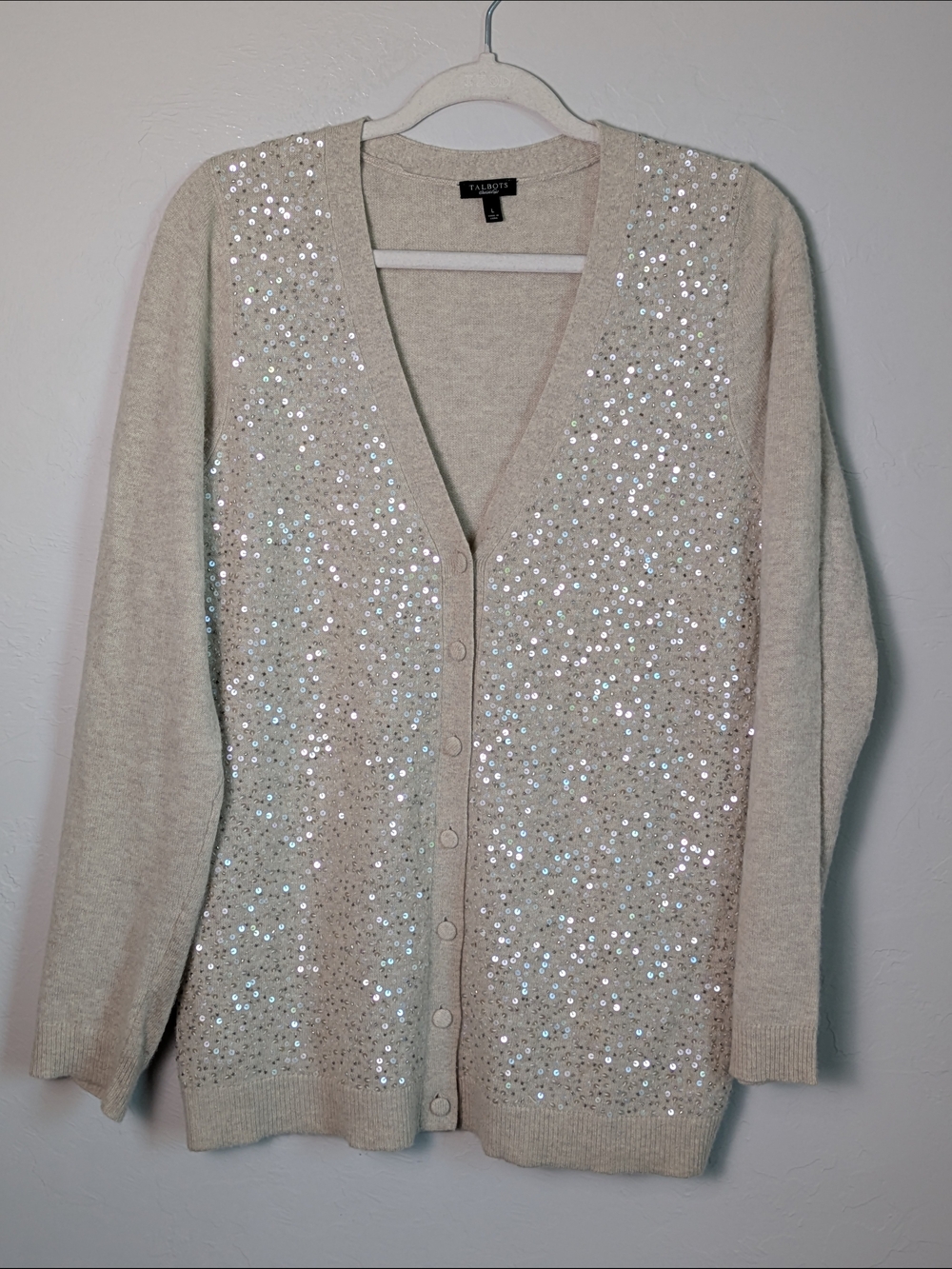 Talbots Cardigan Lambswool Angora Rabbit Hair Cream Sequins Button-up Sweater